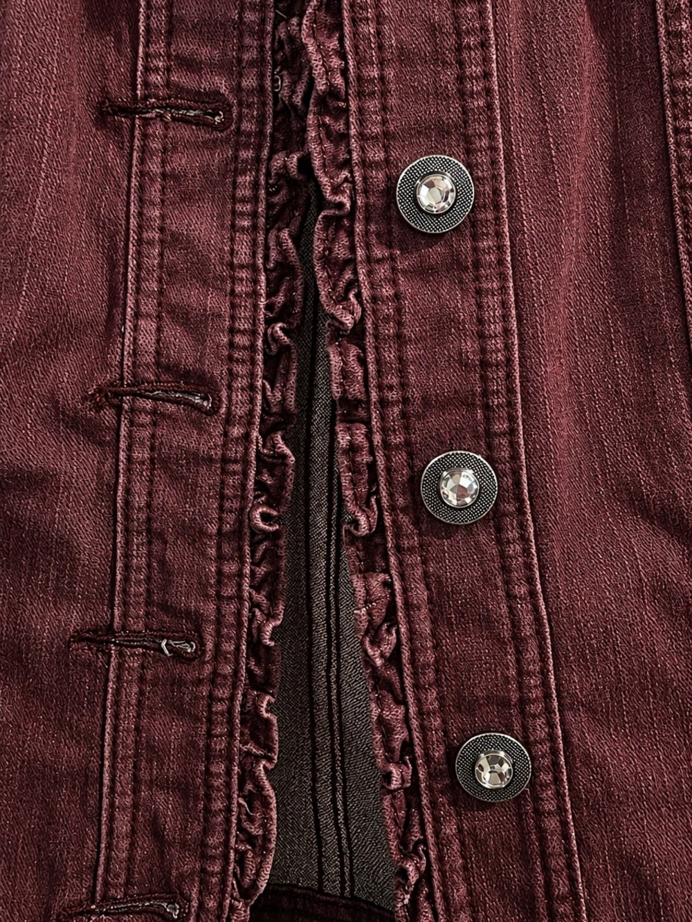 Ruffled-Placket Button Front Top in Deep Wine